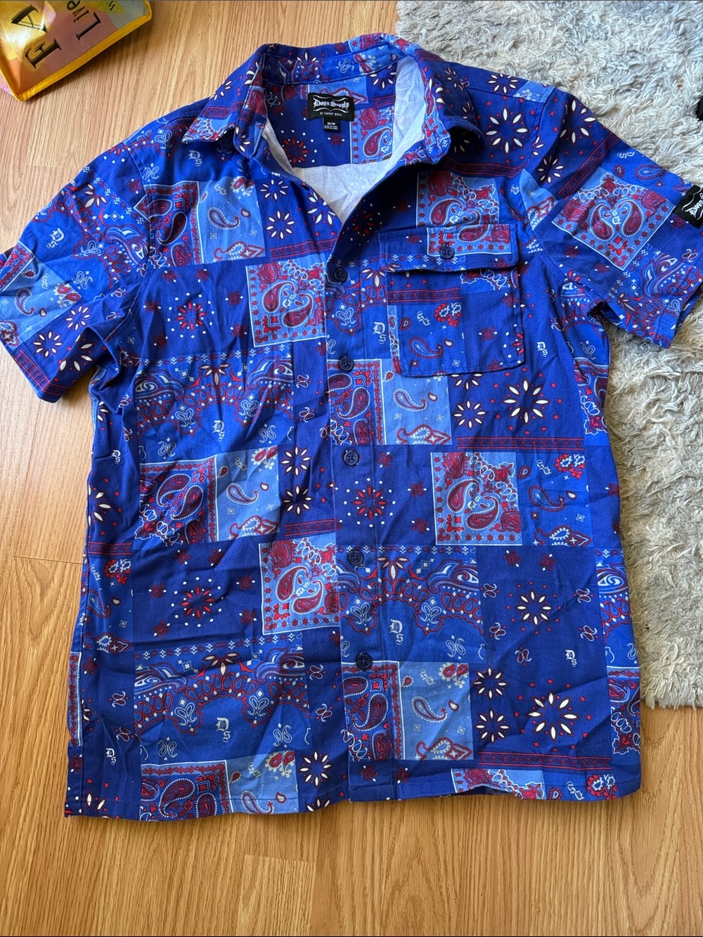 Men's Blue Patchwork Paisley Short-Sleeve Dress Shirt